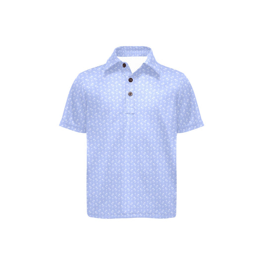 Light blue polo shirt with white palm trees on a white background