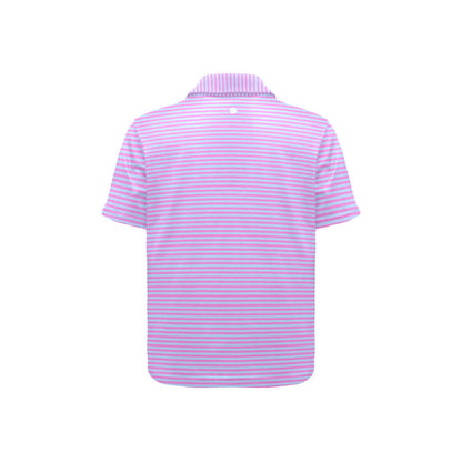 Purple and pink striped polo shirt on a white background