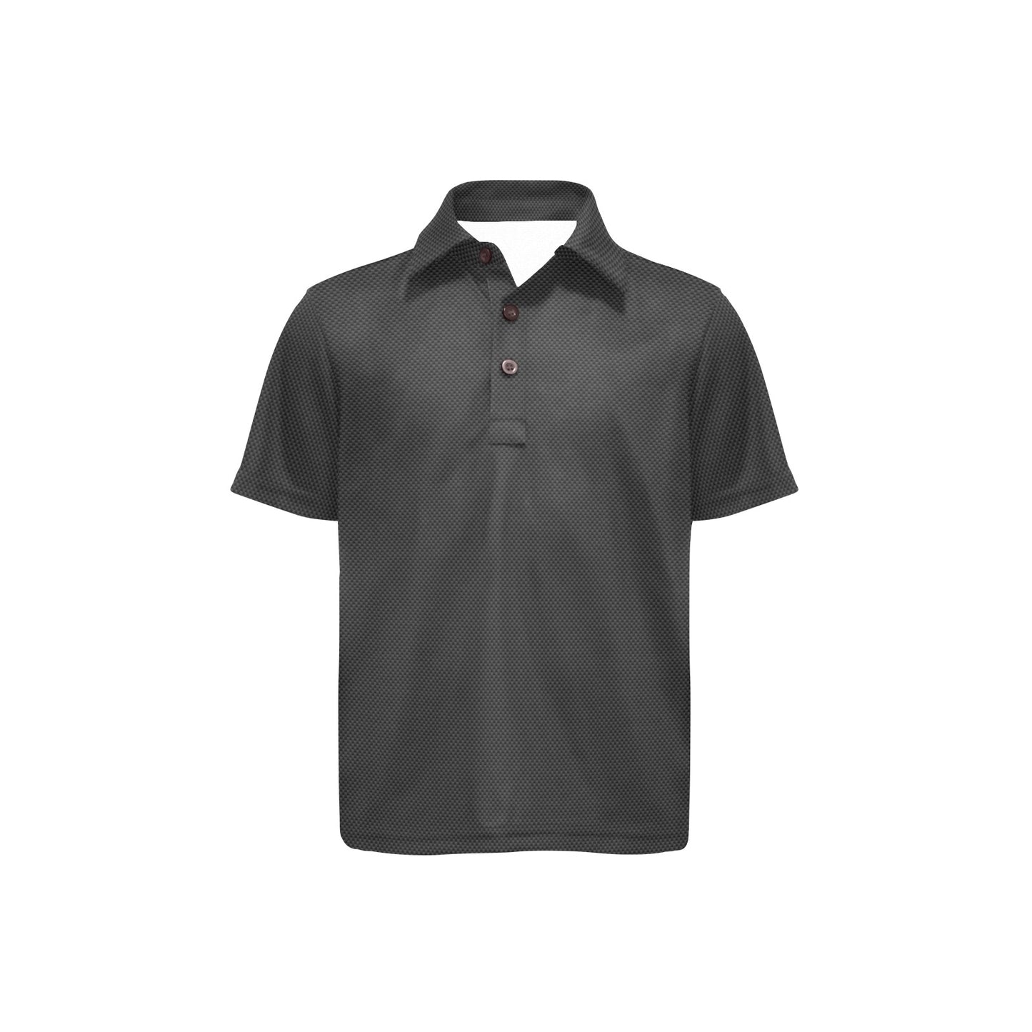 Black polo shirt with carbon fiber pattern on a white background