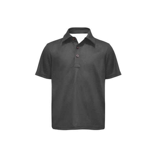 Black polo shirt with carbon fiber pattern on a white background
