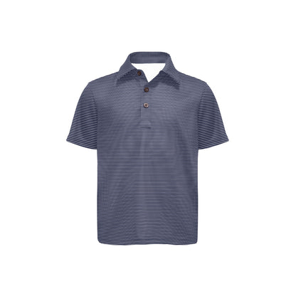 Navy striped polo shirt on a white background