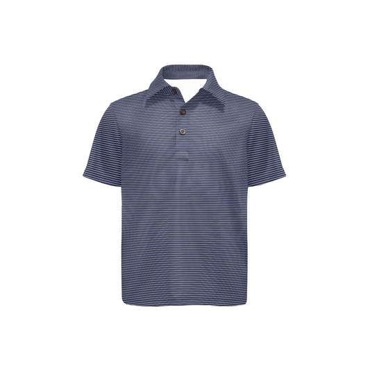 Navy striped polo shirt on a white background