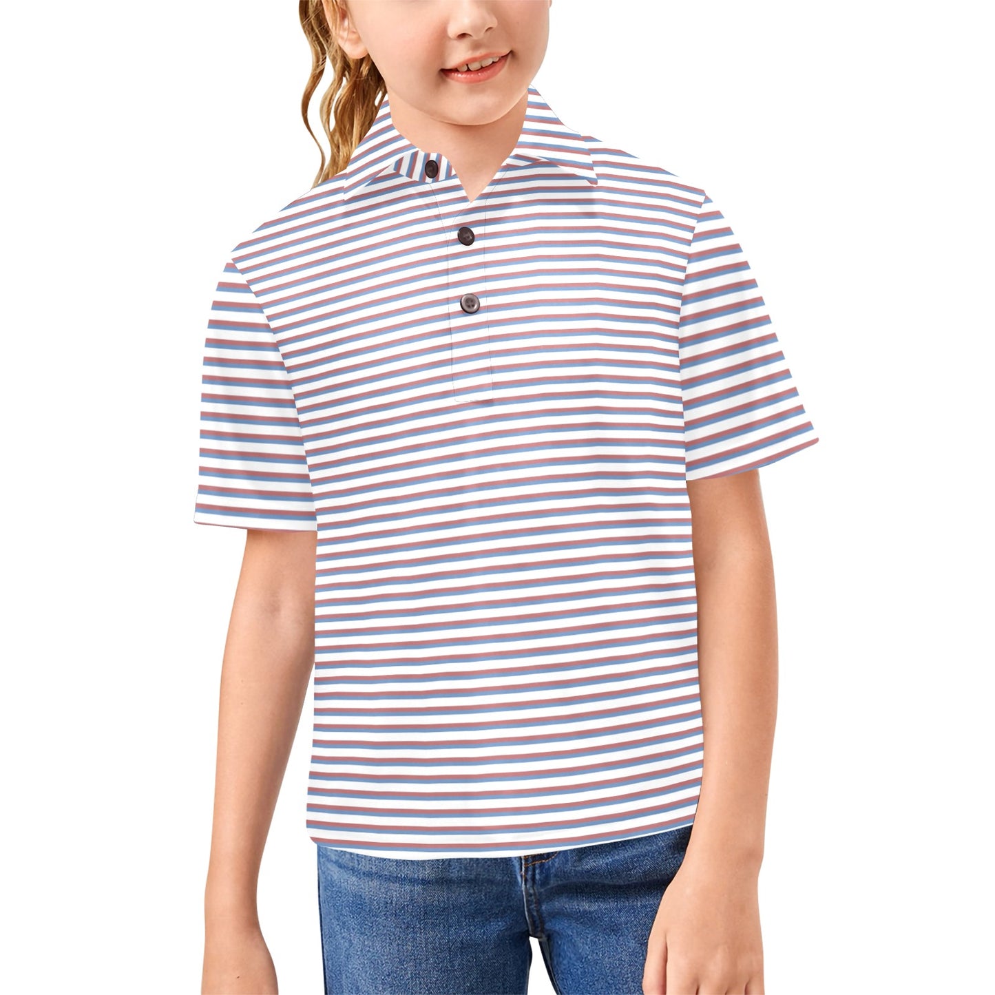 Child wearing a striped polo shirt on a white background