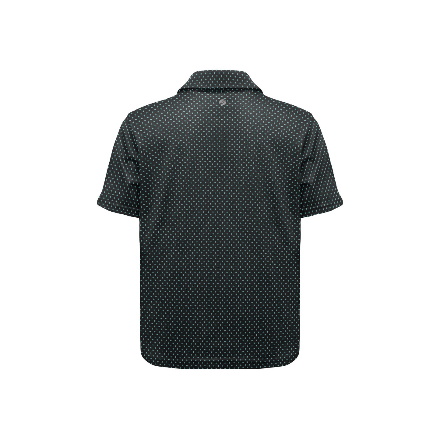 Black short-sleeve shirt with green polka dot pattern on a white background