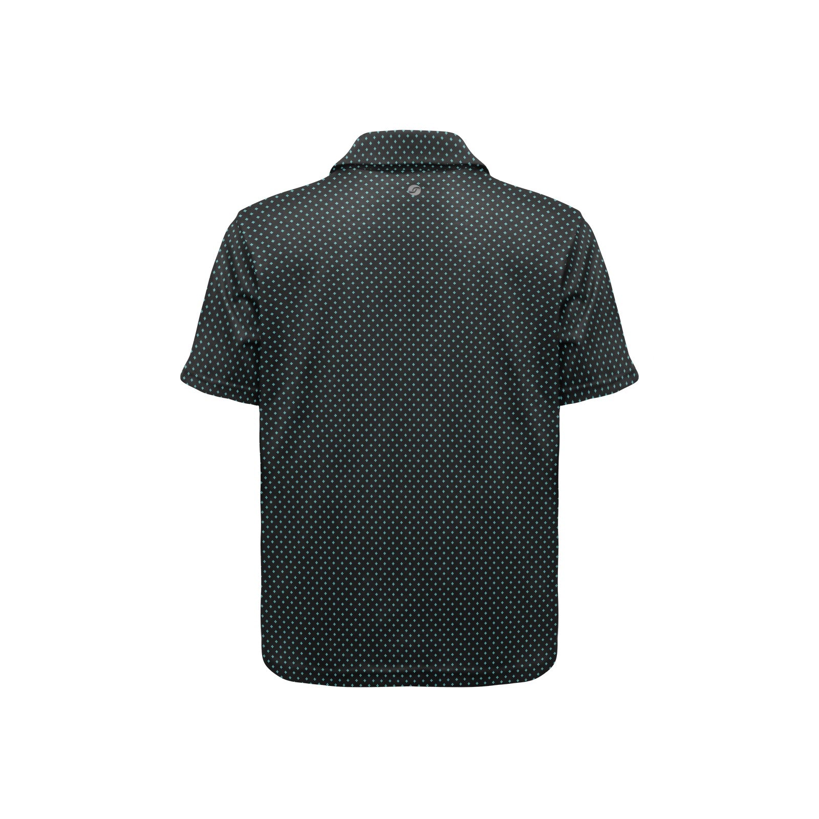 Black short-sleeve shirt with green polka dot pattern on a white background