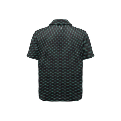 Black short-sleeve shirt with green polka dot pattern on a white background
