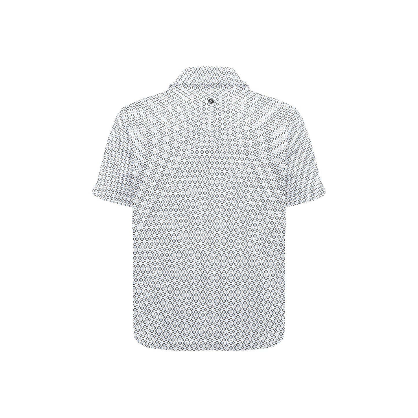 Back view of a patterned polo shirt on a white background