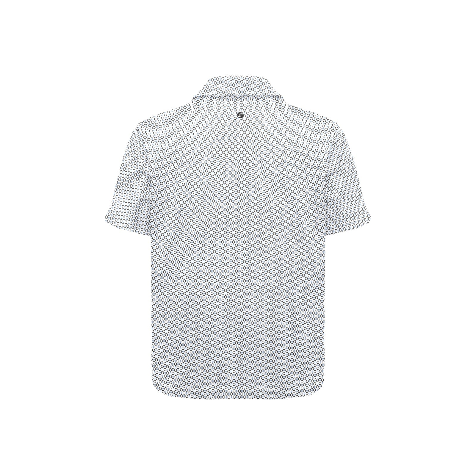 Back view of a patterned polo shirt on a white background