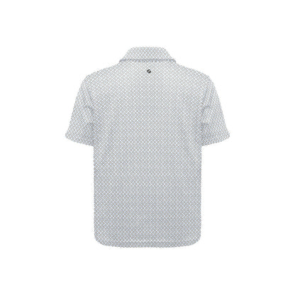 Back view of a patterned polo shirt on a white background