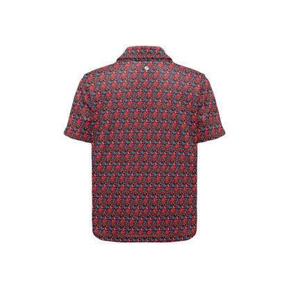 Short-sleeve shirt with a red and blue floral  pattern on a white background
