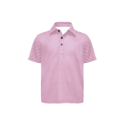 Pink blue and white striped polo shirt on a white background