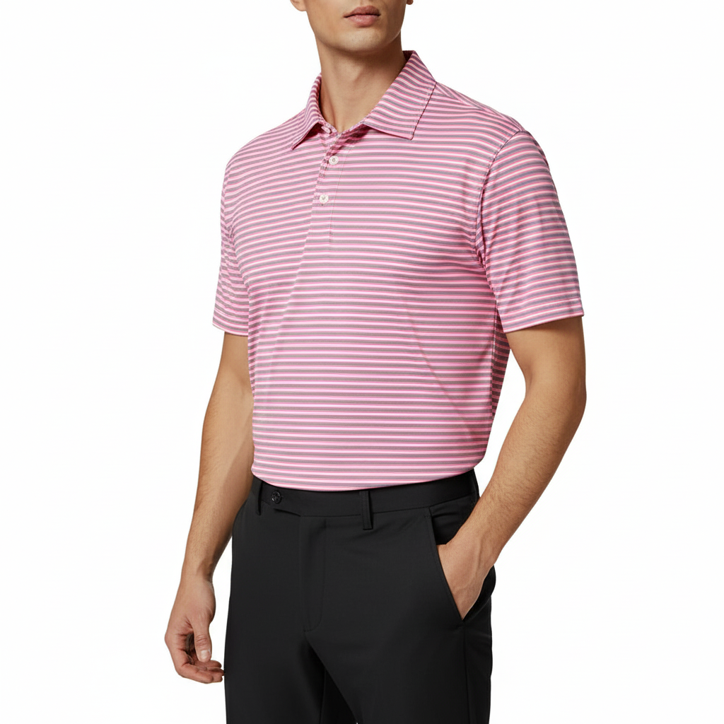 Person wearing a pink and white striped polo shirt on a white background