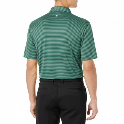 Green striped polo shirt worn by a person on a white background