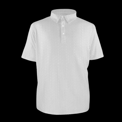 White polo shirt with a  black geometric subtle pattern on a transparent background