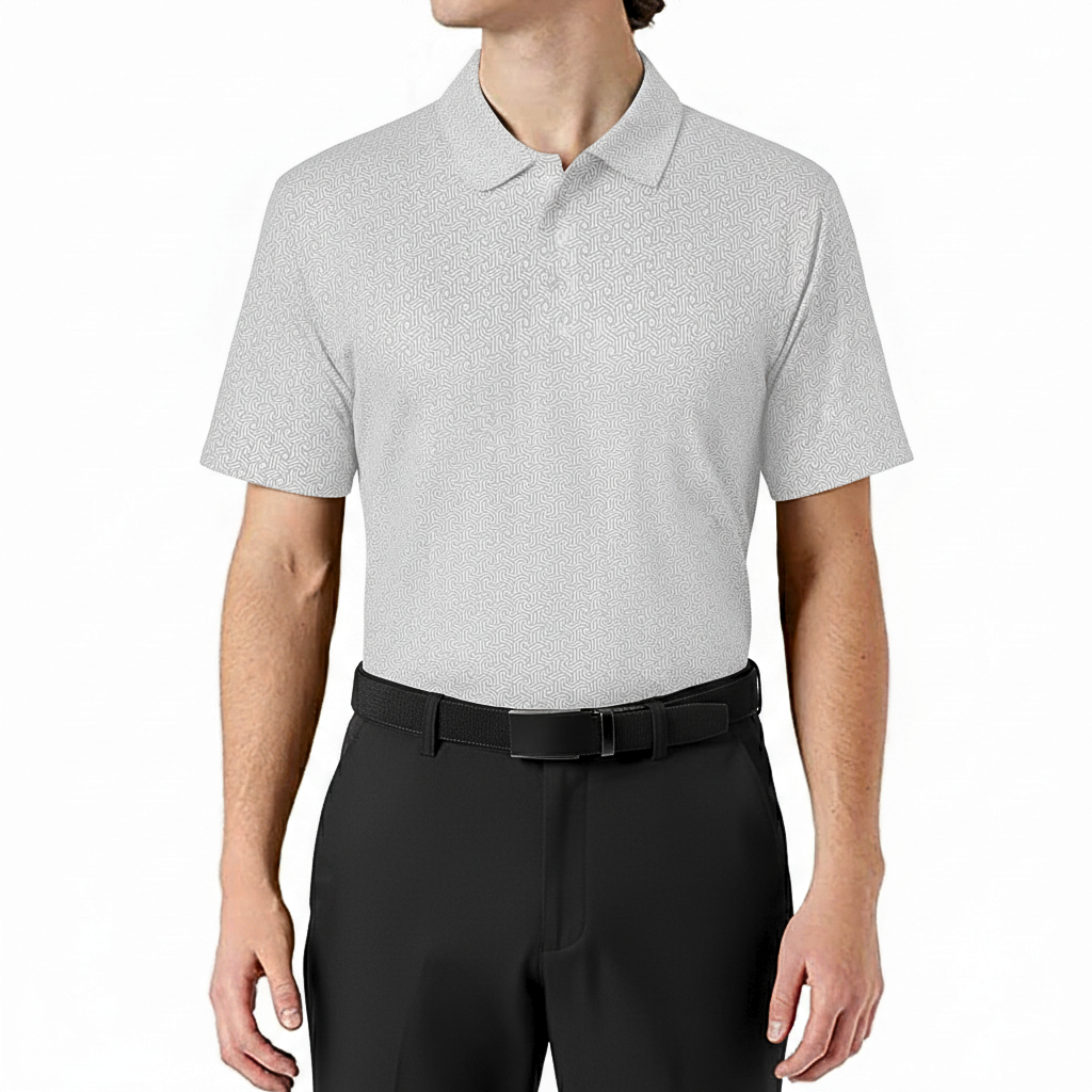 Person wearing a white and black geometric patterned polo shirt and black pants on a white background