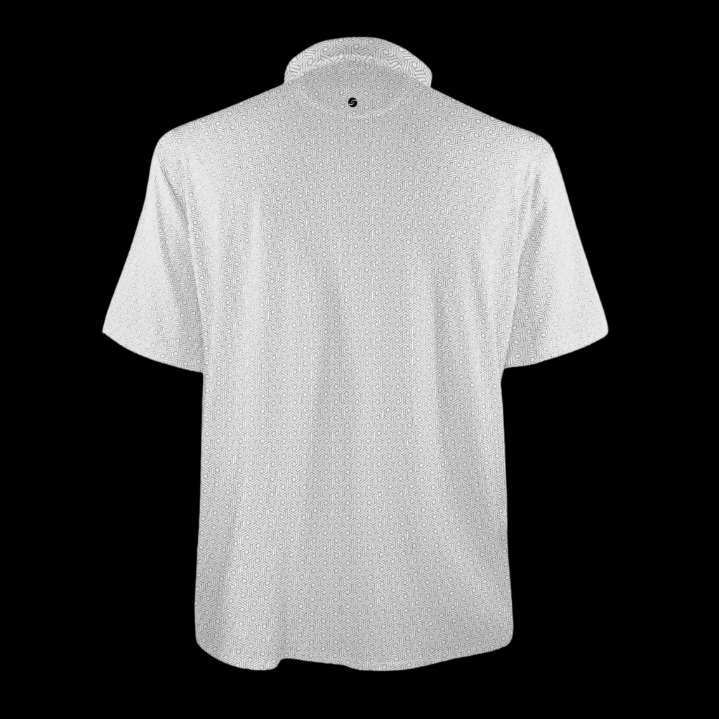 White polo shirt with black geometric on a black background