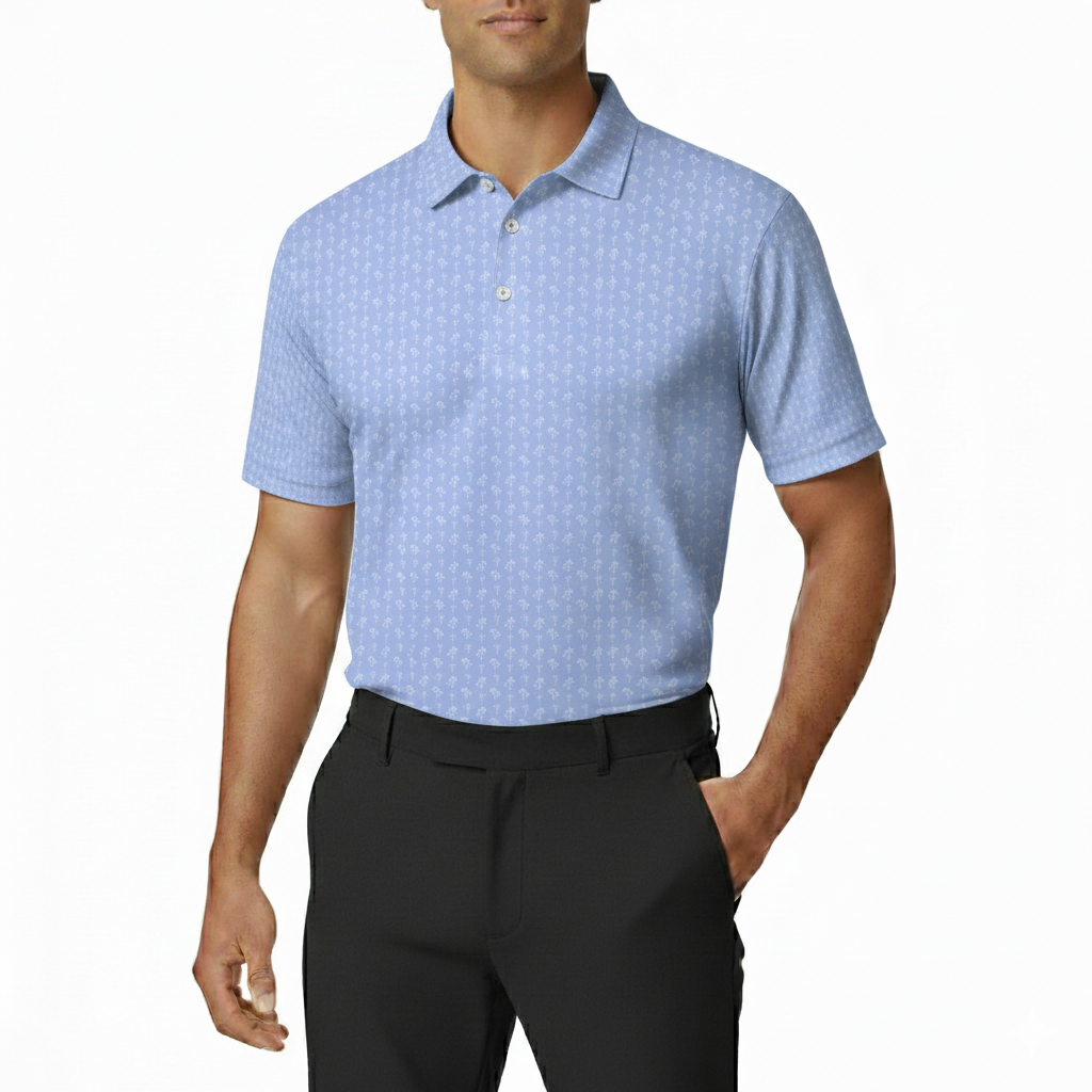 Man wearing a light blue patterned polo shirt and black pants on a white background