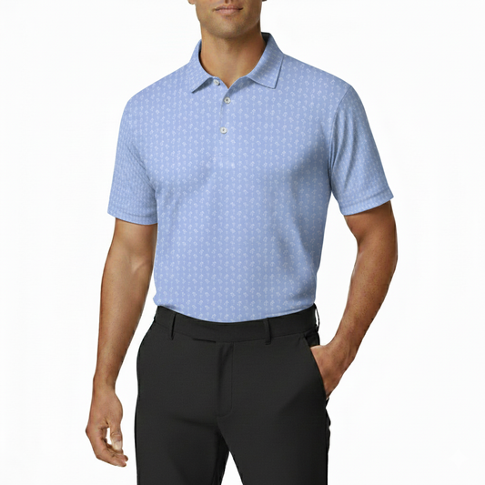 Man wearing a light blue patterned polo shirt and black pants on a white background