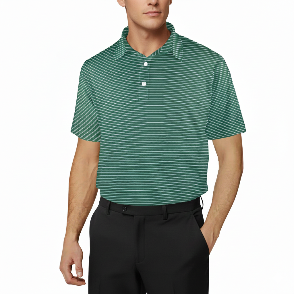 Man wearing a green striped polo shirt and black pants on a white background