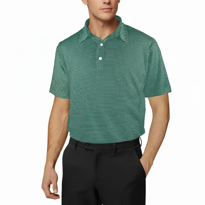 Man wearing a green striped polo shirt and black pants on a white background