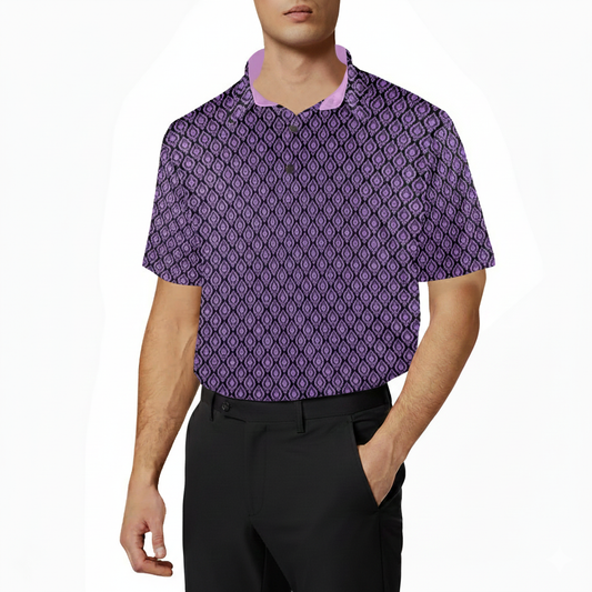 Man wearing a purple patterned shirt with a white background