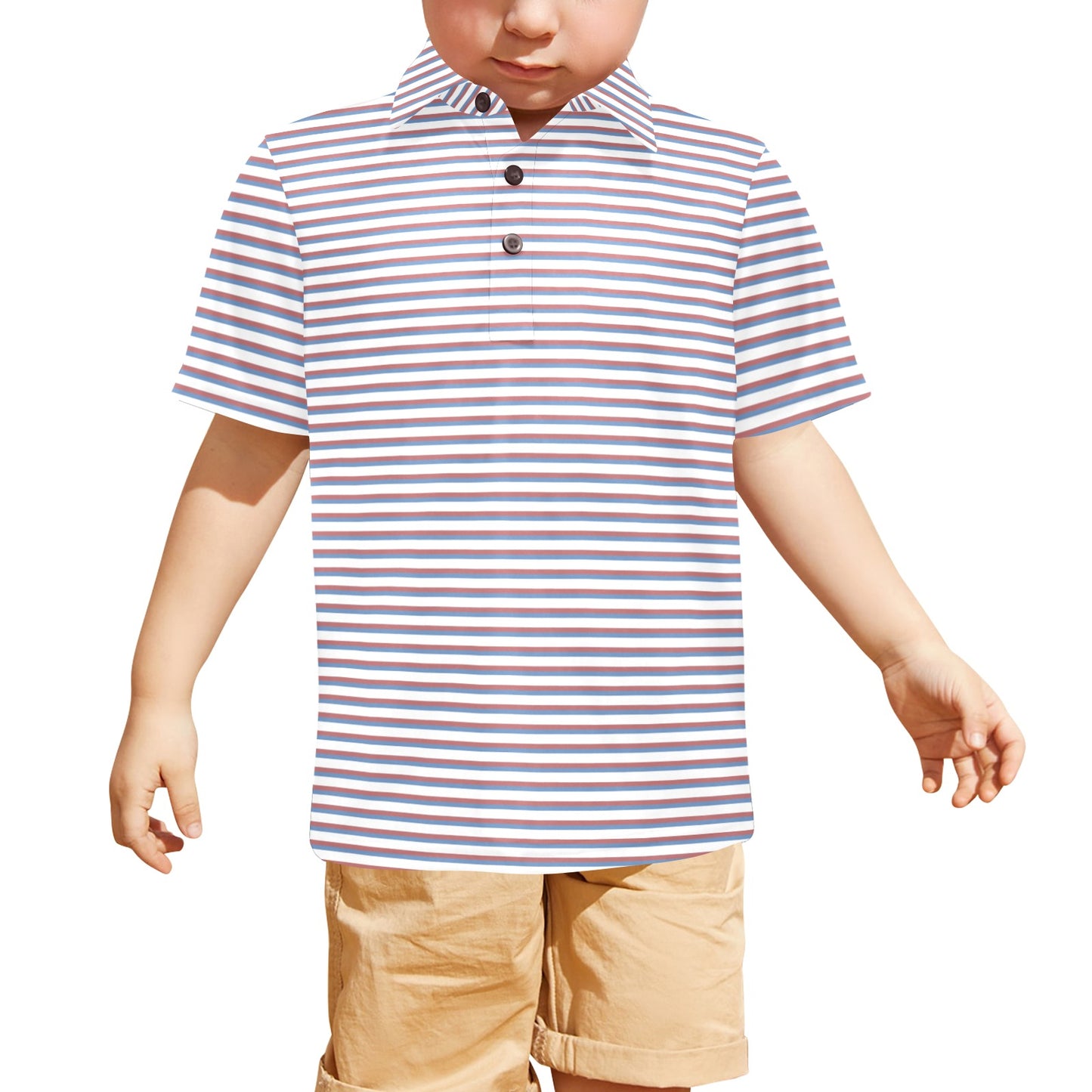 Child wearing a striped shirt and beige shorts on a white background
