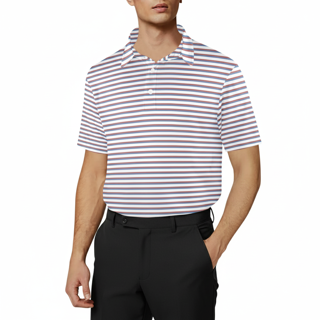 Person wearing a striped polo shirt and black pants on a white background