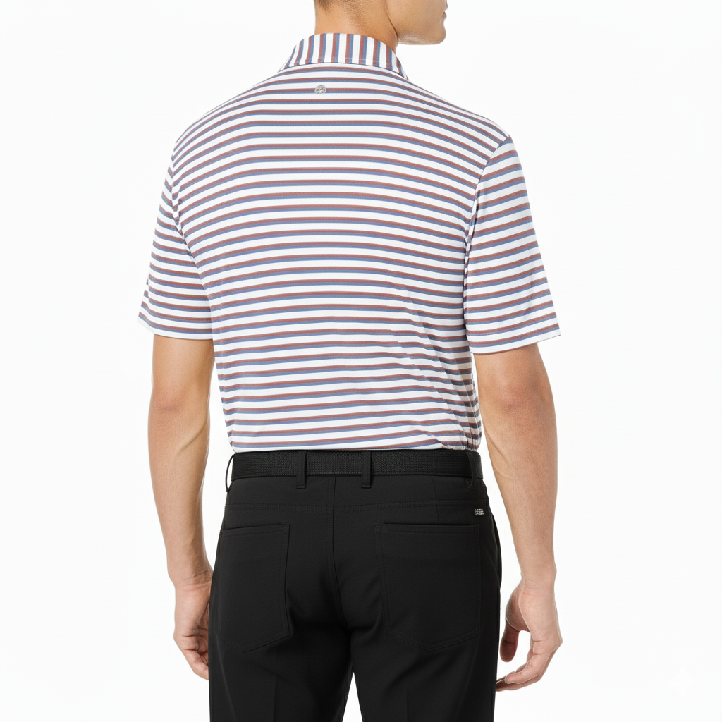 Person wearing a striped polo shirt and black pants on a white background