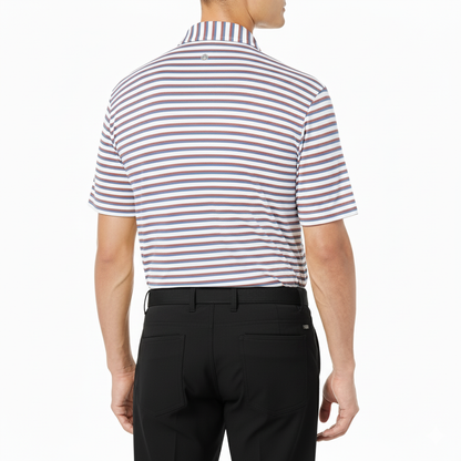 Person wearing a striped polo shirt and black pants on a white background