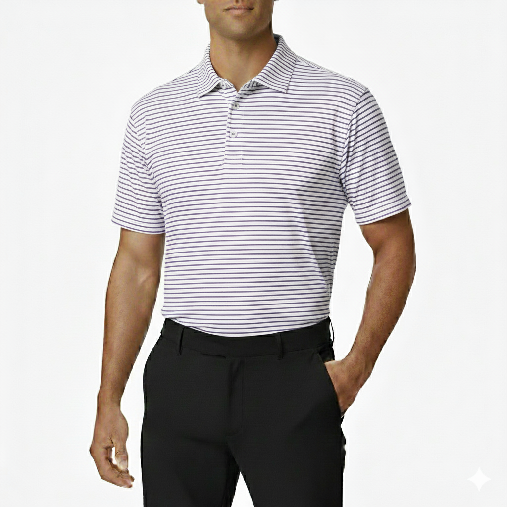 Man wearing a white and purple striped polo shirt with black pants on a white background