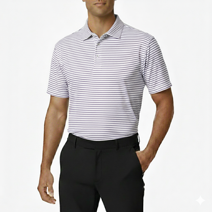 Man wearing a white and purple striped polo shirt with black pants on a white background