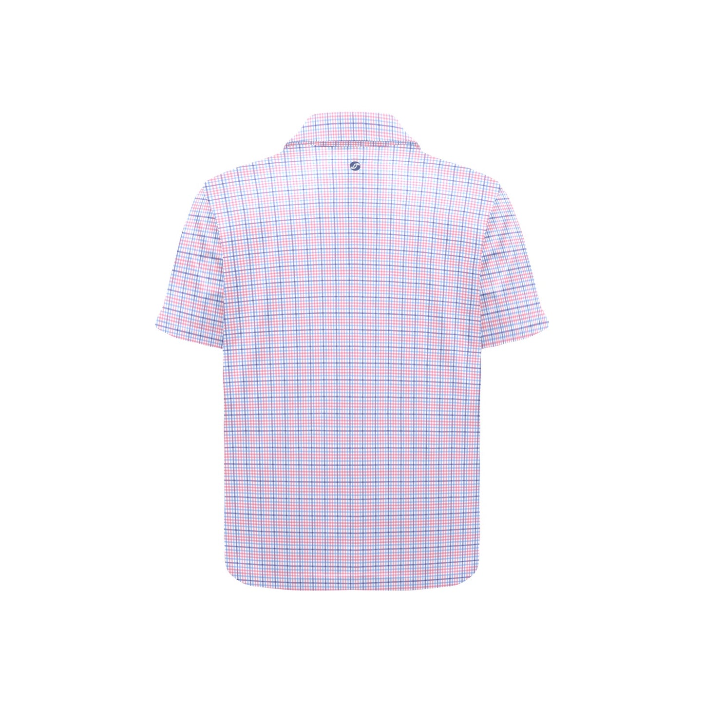 Back view of a checkered short-sleeve shirt on a white background