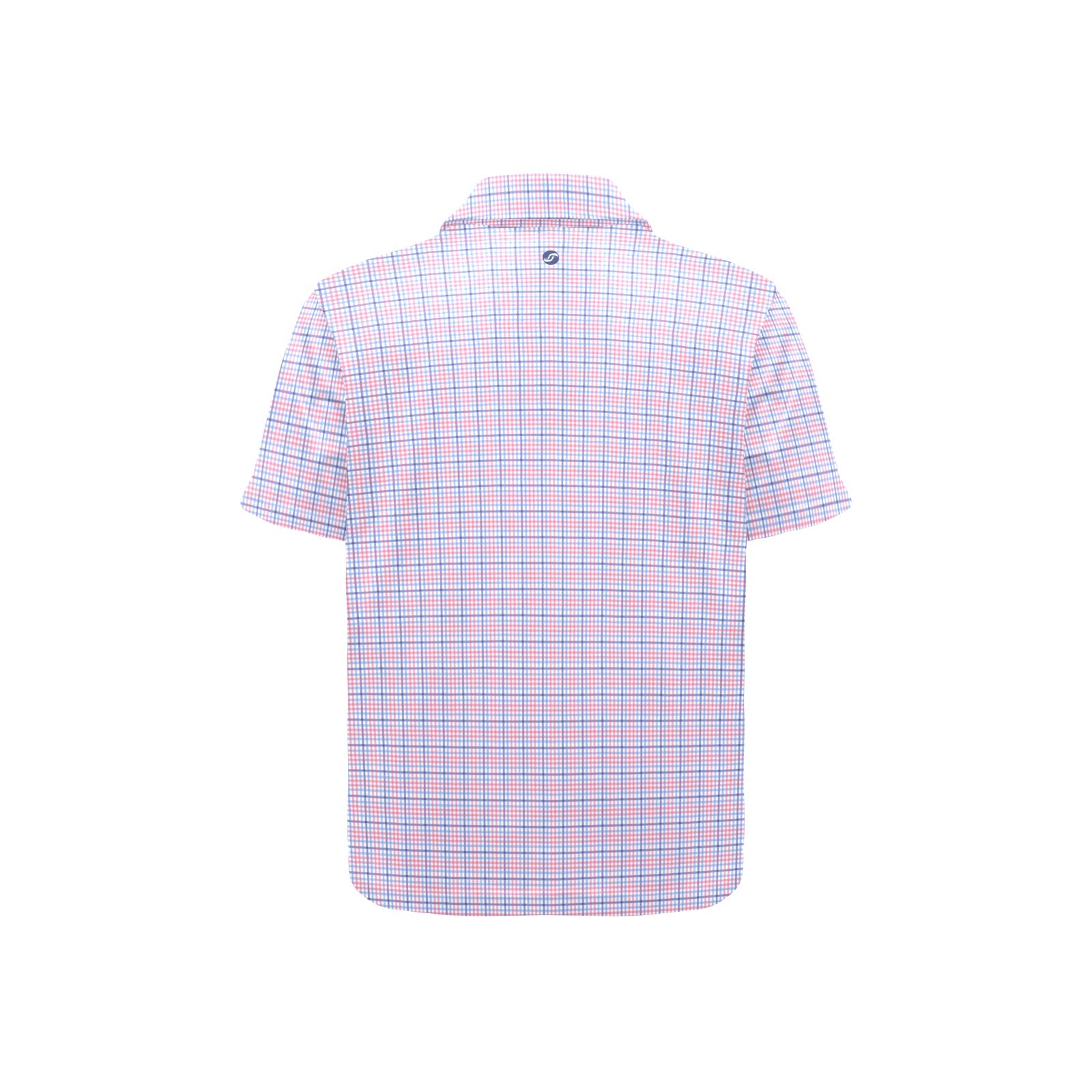 Back view of a checkered short-sleeve shirt on a white background