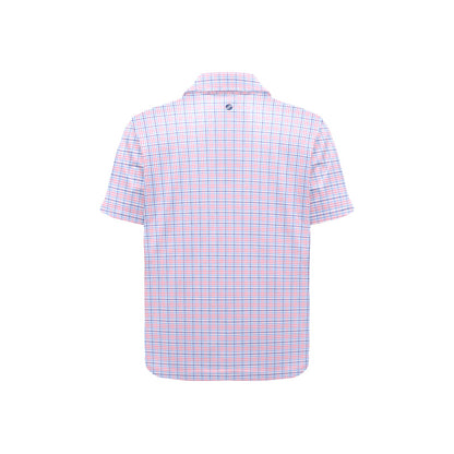 Back view of a checkered short-sleeve shirt on a white background