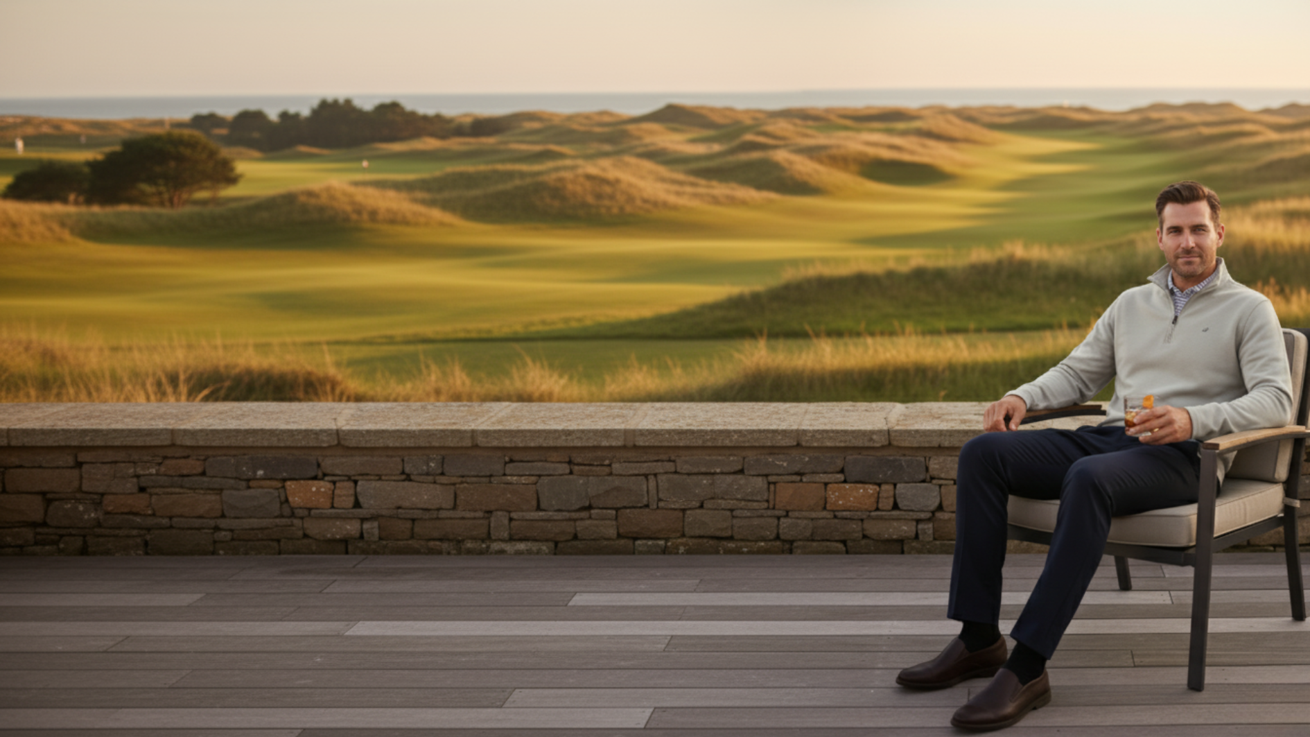 Man sitting on a chair with a scenic golf course view in the background