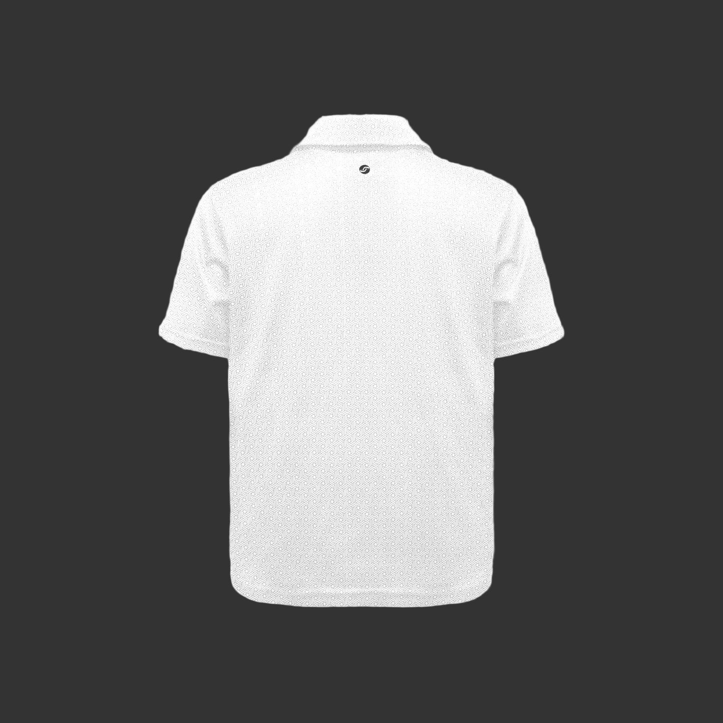White polo shirt with black geometric pattern on a black background