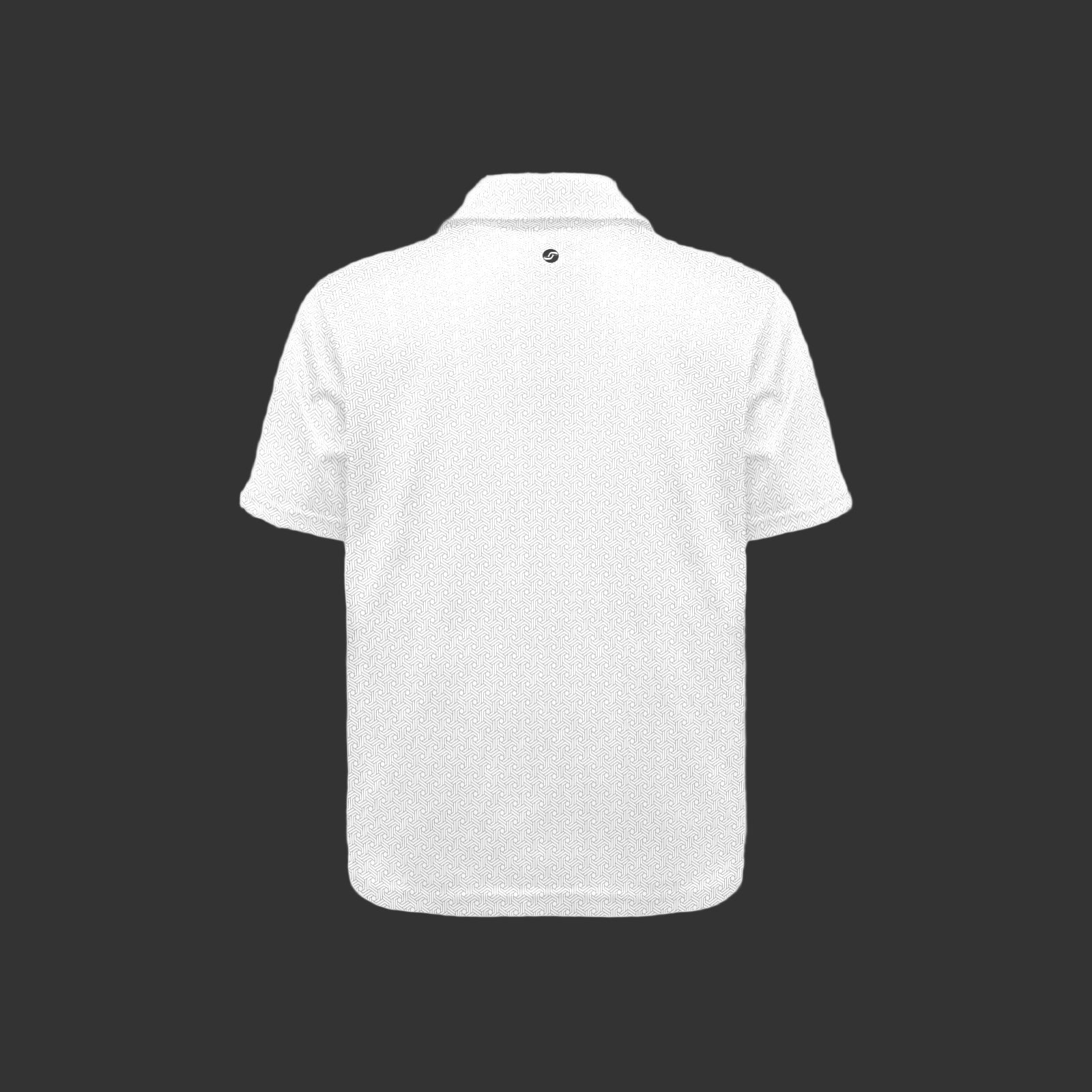 White polo shirt with black geometric pattern on a black background