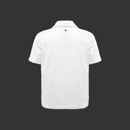 White polo shirt with black geometric pattern on a black background