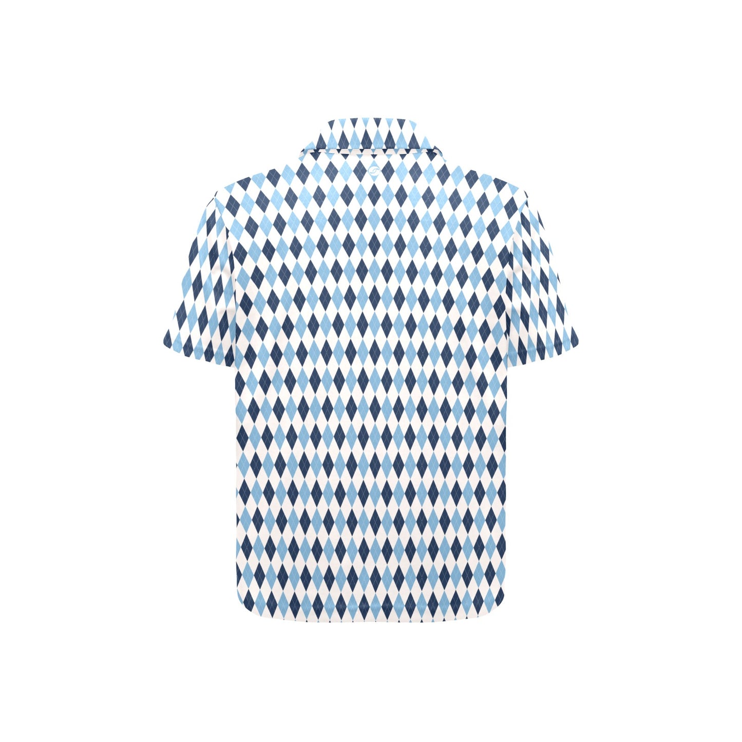 Short-sleeve shirt with blue and white geometric pattern on a white background