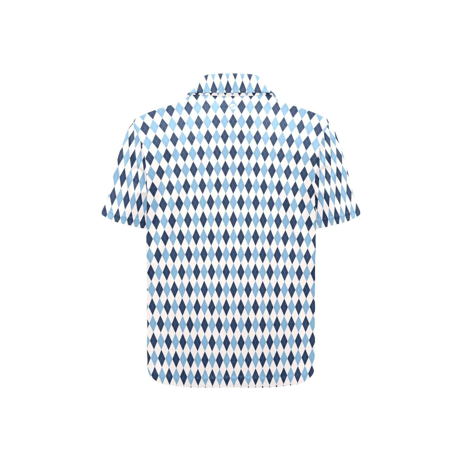 Short-sleeve shirt with blue and white geometric pattern on a white background