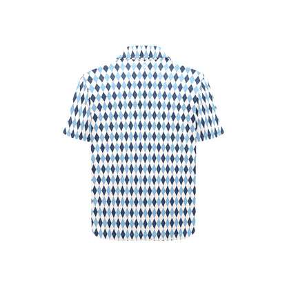 Short-sleeve shirt with blue and white geometric pattern on a white background