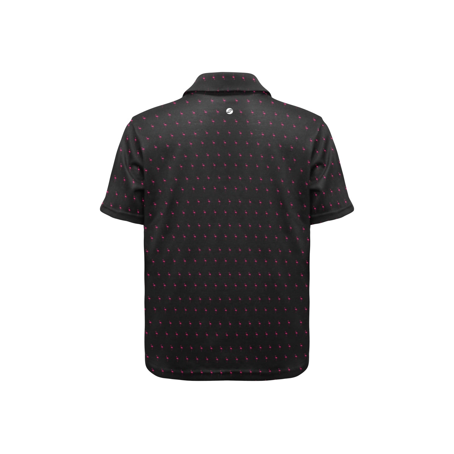 Black polo shirt with pink flamingo pattern on a white background