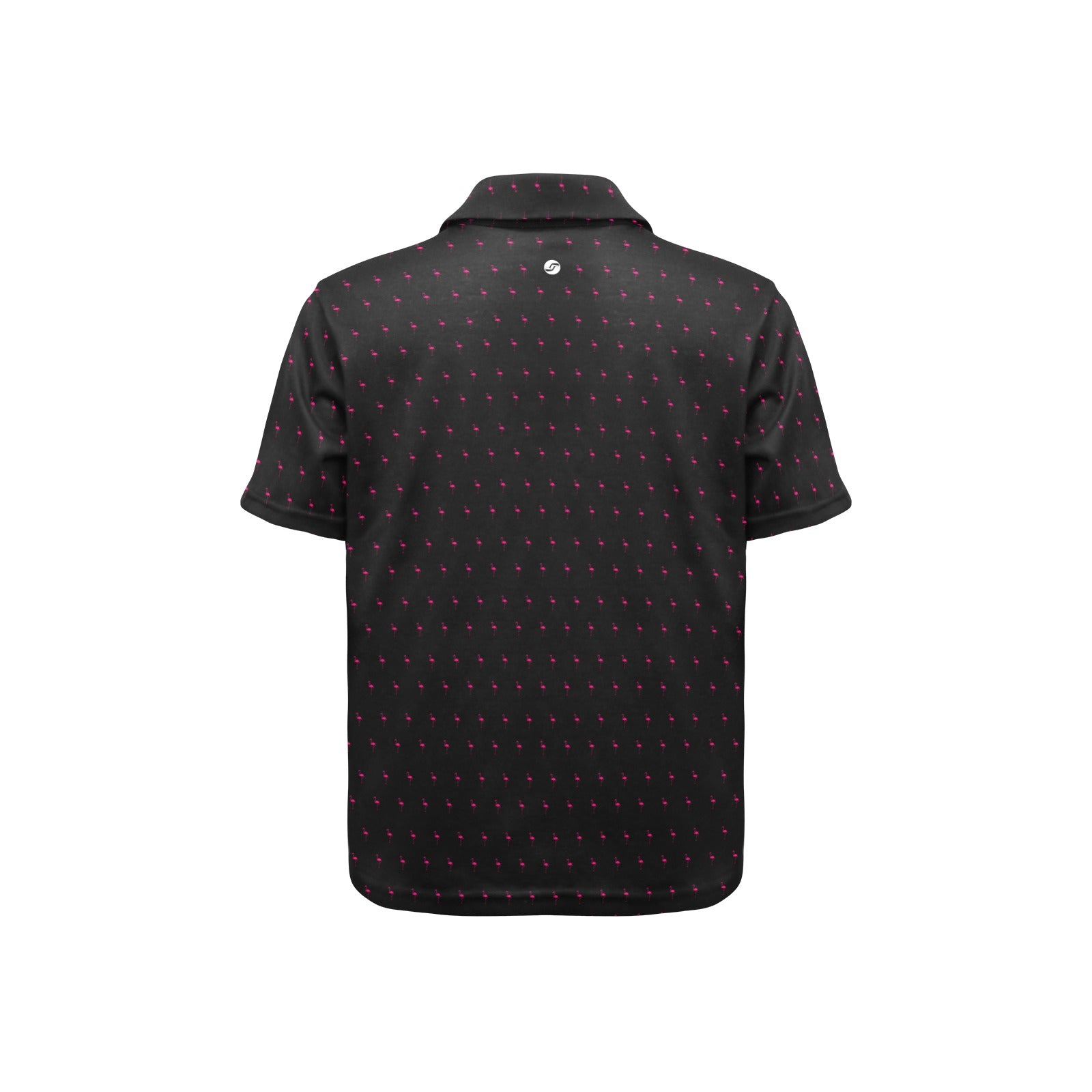 Black polo shirt with pink flamingo pattern on a white background