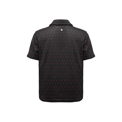 Black polo shirt with pink flamingo pattern on a white background