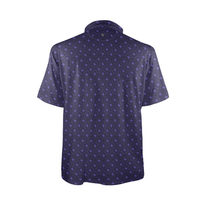 Navy blue patterned shirt on a white background