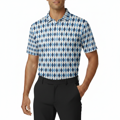 Man wearing a blue and white patterned polo shirt with black pants on a white background