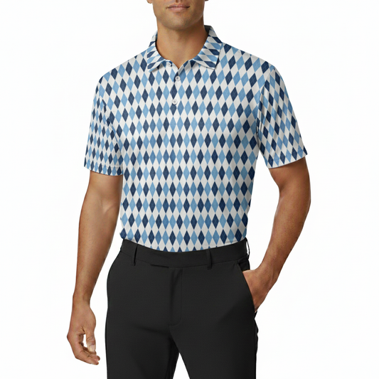Man wearing a blue and white patterned polo shirt with black pants on a white background