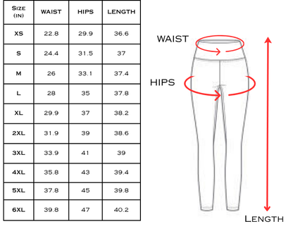 Size chart for leggings with measurements labeled for waist, hips, and length.