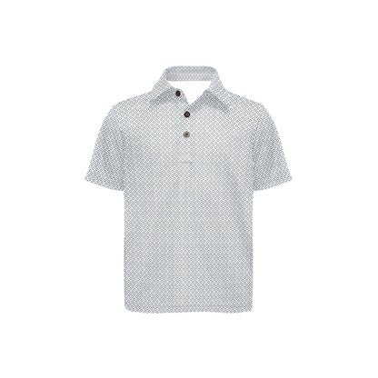 White polo shirt with black pattern on a white background