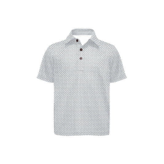 White polo shirt with black pattern on a white background